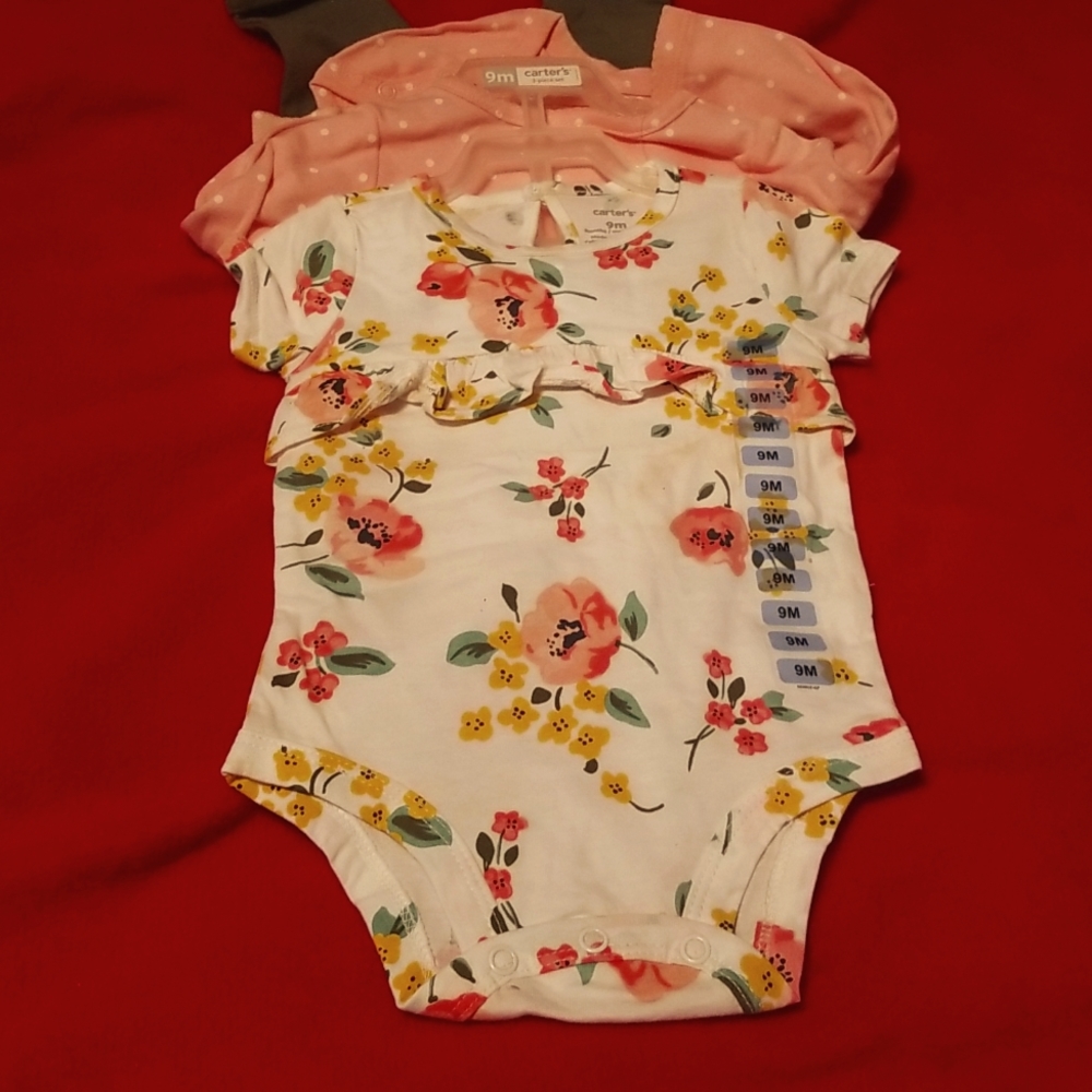 Girls, 3 pcs set, short sleeve onesie, long sleeve onesie & pants, size 9 months
